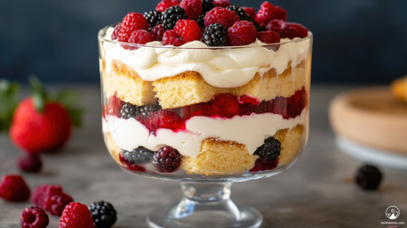 A vibrant and delectable berry trifle featuring layers of soft cake, rich cream, and assorted fresh berries, perfect for any celebration or seasonal gathering.の素材