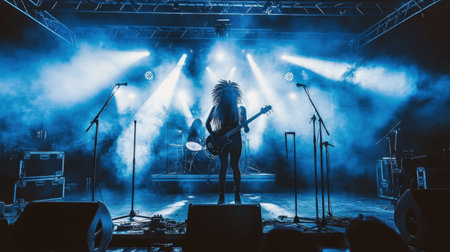 A captivating rock music performance showcasing a silhouetted musician on stage against dramatic lighting, creating an electrifying atmosphere for live entertainment events.の素材