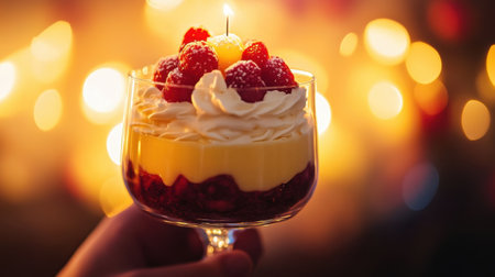 A tempting dessert featuring creamy layers topped with fresh raspberries and a candle, perfect for celebrations and special occasions, set against a warm, glowing background.の素材