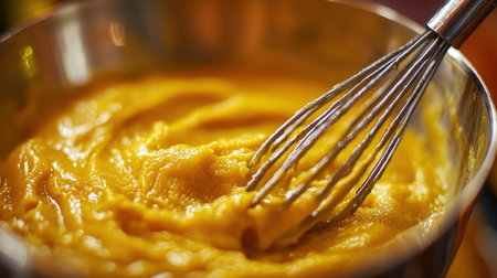 A close-up of a golden creamy mixture in a metal bowl, whisked to perfection, showcasing the art of cooking in a warm and inviting kitchen atmosphere.の素材