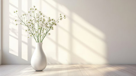 A serene setting featuring a minimalist white vase with delicate flowers, beautifully illuminated by sunlight, creating a peaceful and stylish ambiance in the interior space.の素材