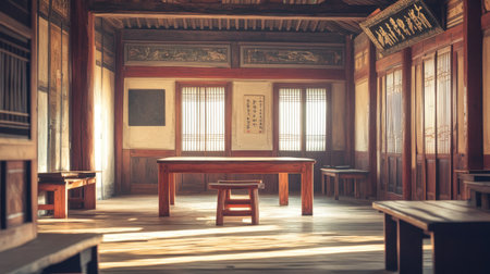 An inviting space featuring traditional wooden furniture bathed in soft natural light, creating a serene atmosphere perfect for relaxation or meditation.の素材