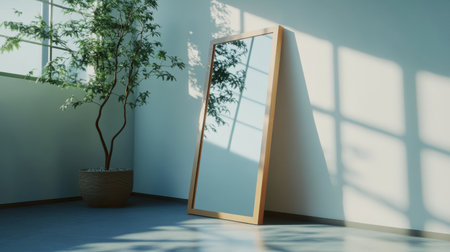 A contemporary room featuring a full-length mirror, surrounded by natural light and a potted plant, creating a calm and relaxed atmosphere perfect for home decor.の素材