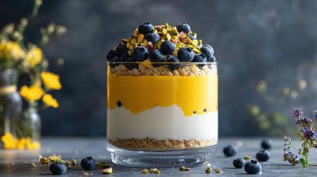 A stunning layered dessert showcasing creamy yogurt, tropical mango puree, crunchy granola, and fresh blueberries, garnished with pistachios for a delightful presentation.の素材