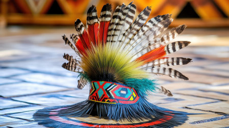 This stunning image captures a traditional Native American feathered headdress, showcasing vibrant colors and intricate patterns, symbolizing cultural heritage and artistry.の素材