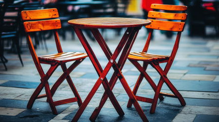 A charming wooden table paired with two folding chairs creates an inviting space for relaxation and gatherings in an outdoor cafe setting, ideal for enjoying coffee.の素材