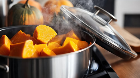 Vibrant orange squash cubes steam in a metallic pot, creating an inviting atmosphere in a home kitchen filled with autumn-themed pumpkins. Perfect for cozy meals.の素材