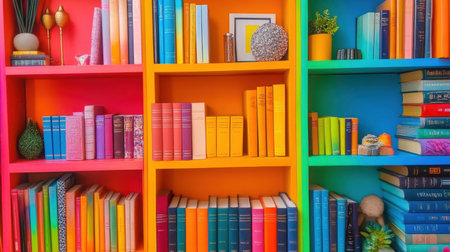 A colorful and artistic bookshelf filled with neatly arranged books in vibrant shades, creating a cheerful and inviting atmosphere ideal for home decor or interior design projects.の素材