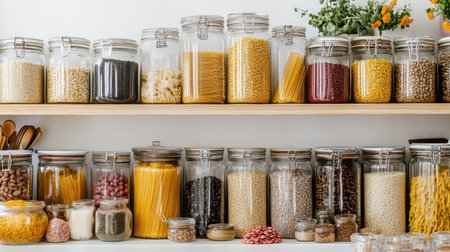 A cozy kitchen scene showcases neatly arranged glass jars filled with various grains, pastas, and legumes on wooden shelves, emphasizing organization and freshness in cooking.の素材