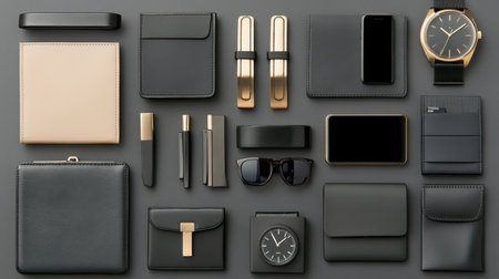 A tasteful arrangement of stylish black and gold accessories on a gray surface, perfect for showcasing modern elegance and minimalism in workspace or personal style.の素材