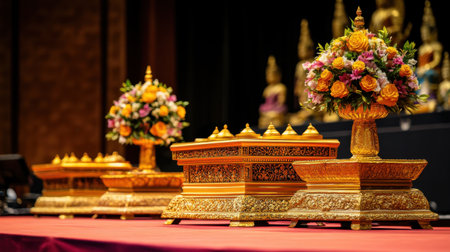 Stunning floral arrangements in vibrant hues atop ornate gold pedestals, reflecting traditional Thai craftsmanship in a serene ceremonial atmosphere. Perfect for cultural event themes.の素材