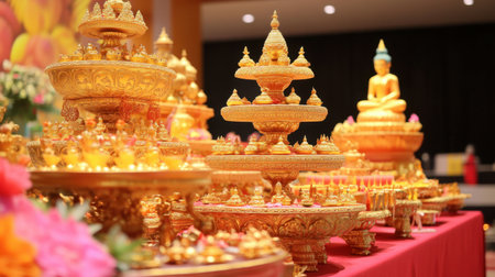 Vibrant display of intricate golden offerings set on a beautifully decorated table, symbolizing cultural and spiritual significance during a traditional celebration.の素材