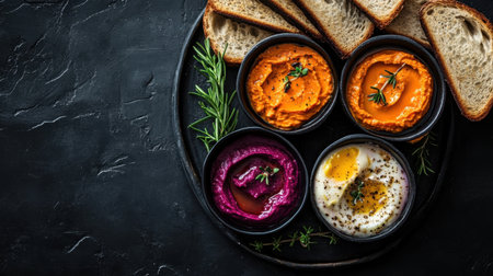 A visually appealing arrangement of assorted dips and spreads on a dark plate, complemented by fresh bread slices, ideal for appetizers and social gatherings.の素材