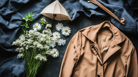 A stylish brown coat paired with fresh daisies and an elegant umbrella on a soft fabric backdrop, capturing the essence of seasonal fashion and lifestyle trends.の素材