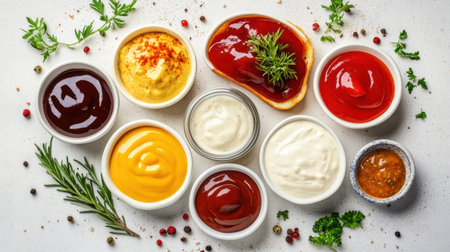 A vibrant collection of sauces and condiments displayed in bowls, garnished with fresh herbs and spices, ideal for enhancing meals and snacks in various culinary settings.の素材