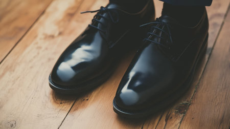 A close-up view of elegant black leather dress shoes on a warm wooden floor, showcasing a sophisticated look suitable for formal occasions and fashion photography.の素材