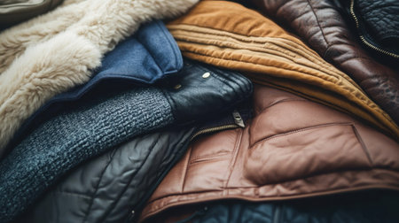 This image features a beautiful assortment of stylish jackets and coats, showcasing various textures and colors, perfect for winter fashion inspiration and trends.の素材