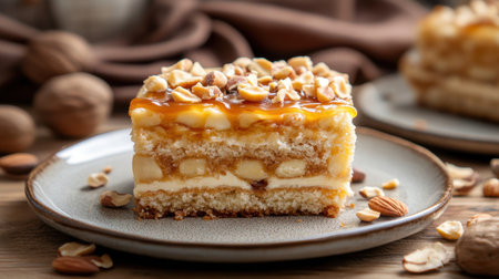 A tempting slice of decadent dessert cake featuring layers of creamy filling, nuts, and a luscious caramel topping, ideal for showcasing in culinary projects or food blogs.の素材