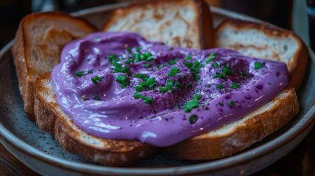 Vibrant purple spread atop golden toasted bread, accented with fresh chives, creates a visually stunning and deliciously creamy breakfast option served in a cozy atmosphere.の素材