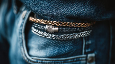 A close-up view of braided bracelets resting on a denim pocket, showcasing innovative design and personal style in everyday accessories for fashion enthusiasts.の素材