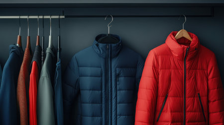 A contemporary display of stylish puffer jackets in vibrant colors, perfect for winter. These fashionable and cozy outerwear pieces highlight modern design suitable for various occasions.の素材
