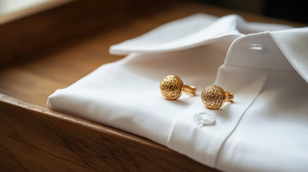 A pair of luxurious gold cufflinks displayed on a crisp white dress shirt, elegantly arranged on a wooden tray, showcasing refined style and sophistication for special occasions.の素材