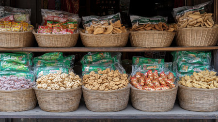 A vibrant display of various baked goods and snacks in woven baskets highlights the artisanal charm of local markets, inviting food lovers to explore delightful flavors.の素材