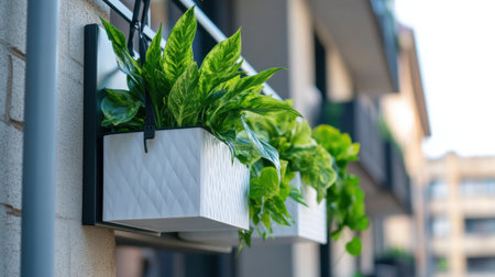 Charming outdoor planters display vibrant greenery, adding a touch of nature to urban life. Ideal for enhancing aesthetics and creating a refreshing atmosphere.の素材