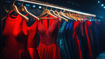 Collection of elegant dresses displayed on hangers in a stylish boutique, featuring vibrant red and blue colors ideal for modern fashion enthusiasts and special occasions.の素材
