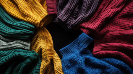 A vibrant collection of colorful sweaters arranged in a circular fashion on a dark background, representing cozy autumn fashion trends for stylish outfits in chilly weather.の素材