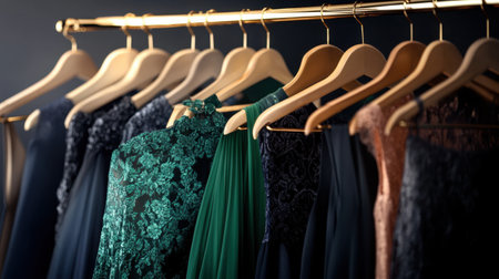 A stunning array of evening dresses elegantly displayed on wooden hangers, featuring rich textures and diverse colors that inspire fashion creativity and retail showcases.の素材