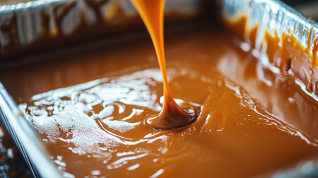 A close-up view of warm caramel sauce flowing into a baking dish, showcasing its glossy and smooth texture, ideal for dessert lovers and culinary enthusiasts.の素材