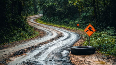 A winding muddy road is seen in a dense forest, featuring a caution sign and an abandoned tire, representing rural adventure in a tropical landscape.の素材