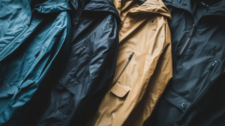 A visually striking arrangement of stylish outdoor jackets in various colors. These jackets highlight modern design elements perfect for adventurous and urban lifestyles.の素材