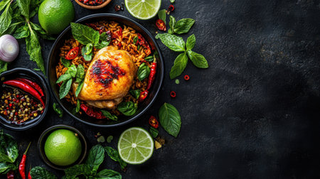Enticing grilled chicken served on a bed of rice, complemented by fresh herbs, lime slices, and vibrant spices, creating an appealing and flavorful culinary scene.の素材