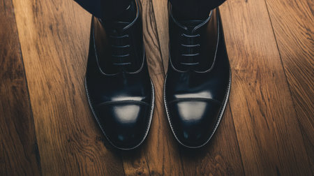 Stylish and polished black dress shoes resting on a warm wooden surface, perfect for showcasing formal fashion, ideal for business events and sophisticated occasions.の素材