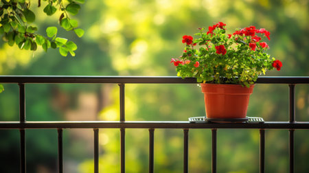 A charming scene featuring vibrant red flowers in a pot placed on a balcony railing, basking in soft natural light surrounded by lush greenery, ideal for seasonal decor.の素材