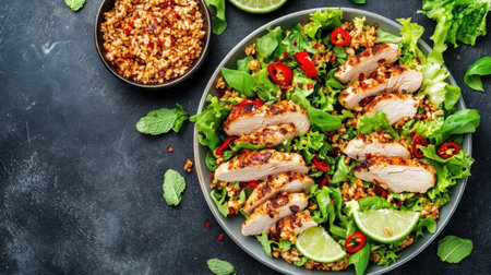 This vibrant grilled chicken salad features fresh vegetables and herbs served on a stylish plate, showcasing a healthy and delicious culinary experience perfect for any meal.の素材