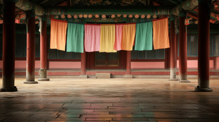 Explore the calm beauty of a traditional Asian pavilion, featuring colorful fabrics that add charm and vibrancy, perfect for cultural and architectural themes in serene settings.の素材