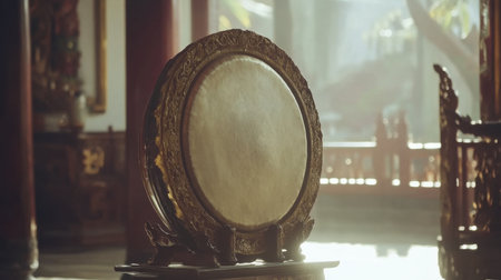 A beautifully crafted traditional drum stands elegantly in a tranquil setting, highlighting the rich cultural heritage and peaceful ambiance of the interior space.の素材