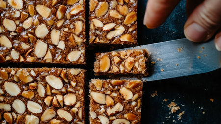 A close-up image of delicious dessert bars featuring crunchy almonds, being sliced with a knife, ideal for highlighting baking and food photography creativity.の素材