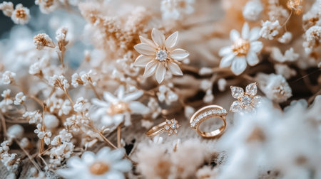 A stunning arrangement of elegant jewelry pieces surrounded by delicate flowers, creating a perfect visual for fashion, wedding, and nature themes that celebrate beauty and luxury.の素材