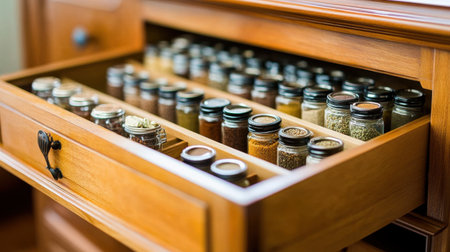 This captivating image showcases a neatly organized wooden drawer filled with glass jars containing various spices, offering a colorful and inspiring display for cooking enthusiasts.の素材