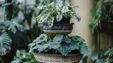 This stunning indoor plant arrangement features vibrant variegated leaves and lush green foliage, perfect for enhancing any living space and inspiring creativity in gardening.の素材