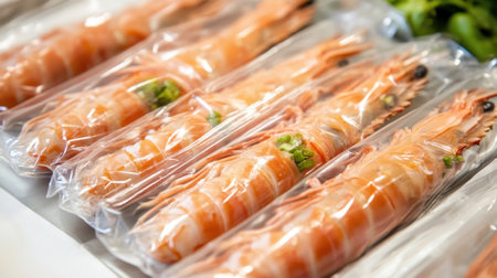Fresh shrimp in clear packaging highlight quality and freshness, ideal for chefs and home cooks looking for premium seafood options for delicious dishes.の素材
