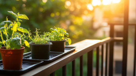 A serene view of fresh herbs in pots on a balcony, bathed in warm sunlight, showcasing the joy of urban gardening and the beauty of nature at sunset.の素材