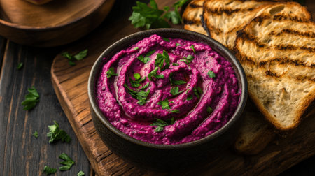 A vibrant beetroot dip served in a rustic bowl, accompanied by grilled bread slices and garnished with fresh herbs, ideal for appetizers and healthy snacking.の素材