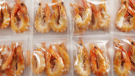 Packaged shrimp displayed in clear pouches, featuring a fresh appearance, ideal for culinary use, dining, and preparation of various seafood dishes. Perfect for chefs and home cooks alike.の素材