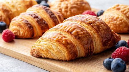 Exquisite freshly baked croissants served with vibrant raspberries and blueberries on a wooden board, ideal for breakfast moments or gourmet dessert experiences.の素材