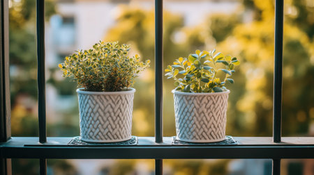 Two beautiful green plants in decorative pots bask in the warm sunlight on a balcony, offering a refreshing view and a touch of nature to urban living spaces.の素材